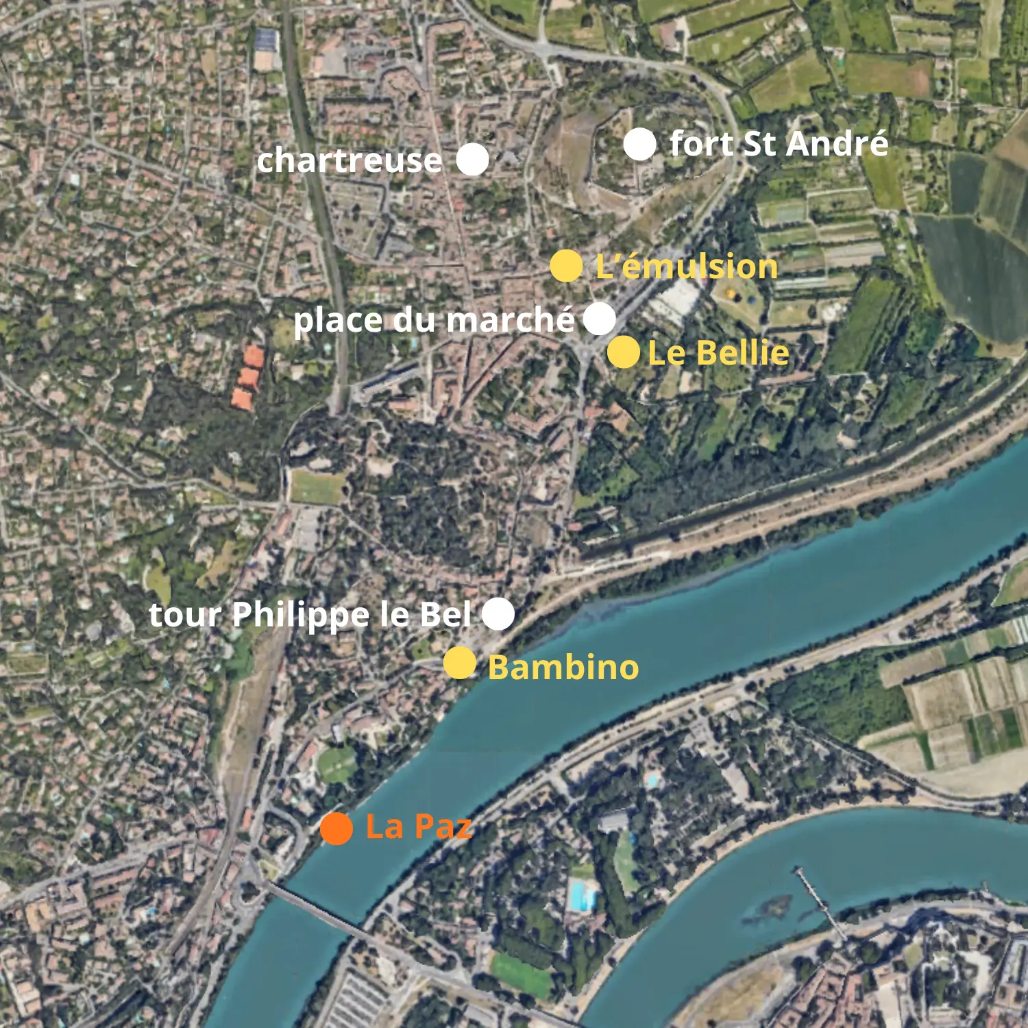 plan de ville de Villeneuve les Avignon avec localisation de la péniche La Paz, des sites d’intérêt touristiques et des restaurants