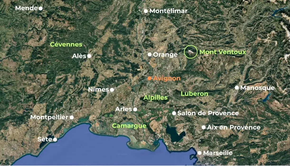 plan de la région sud, entre Sète à l’ouest, Marseille à l’Est, Montélimar au nord