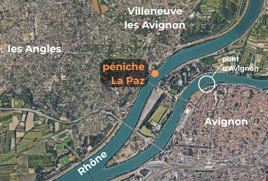 plan de la ville d’Avignon et de Villeneuve les Avignon, avec localisation de la péniche La Paz