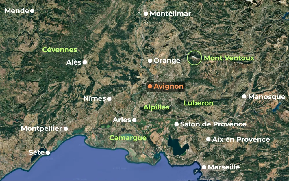 plan de la région sud, entre Sète à l’ouest, Marseille à l’Est, Montélimar au nord