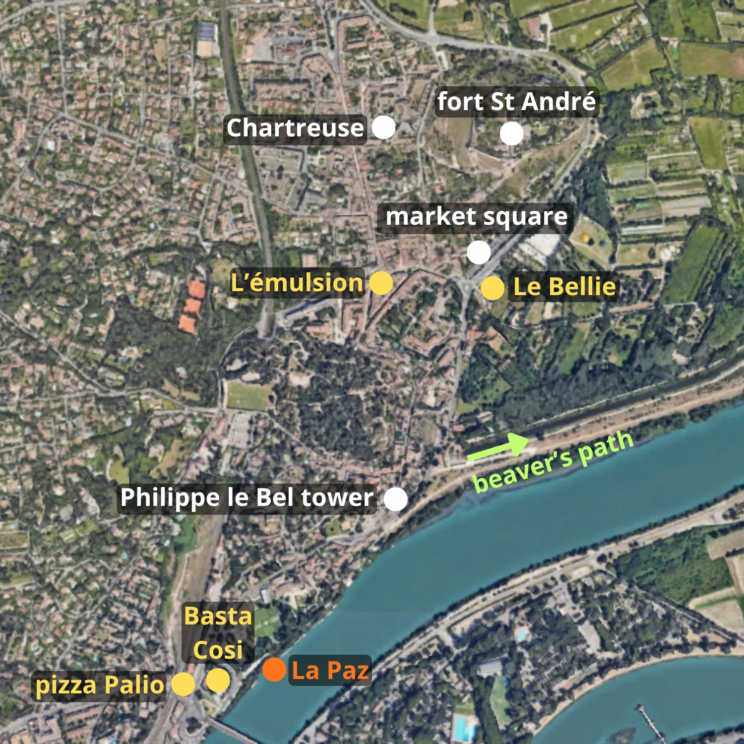 map of Villeneuve-les-Avignon showing the La Paz houseboat, tourist attractions and restaurants
