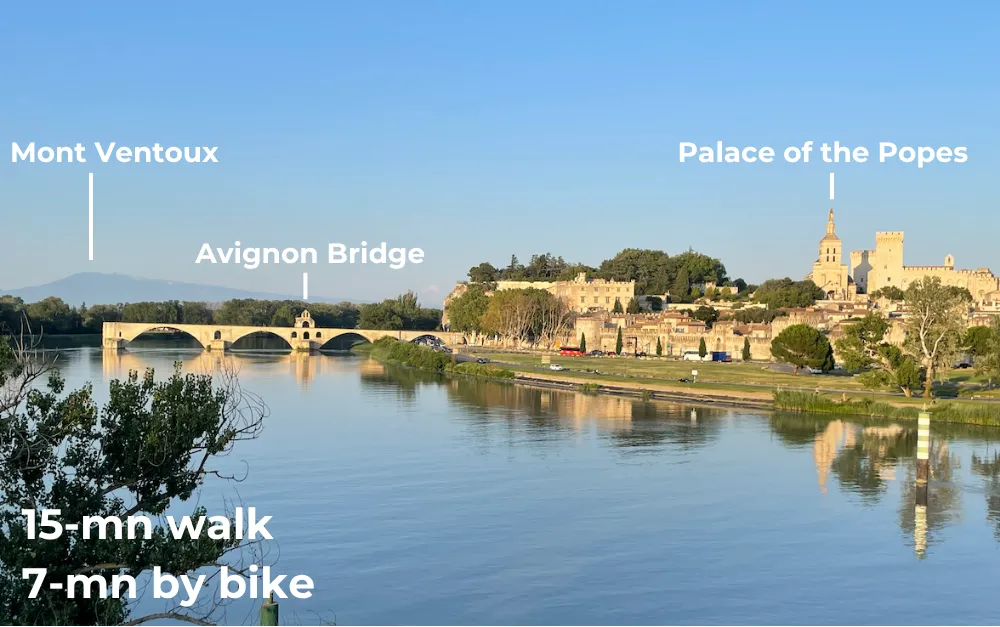 photo of Avignon, featuring the Pont d’Avignon, the ramparts, the Palais des Papes, and Mont Ventoux